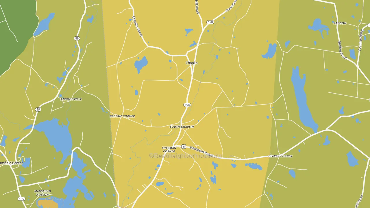 Map of the best neighborhoods in the Chaplin area, with better matches in green and worse matches in red