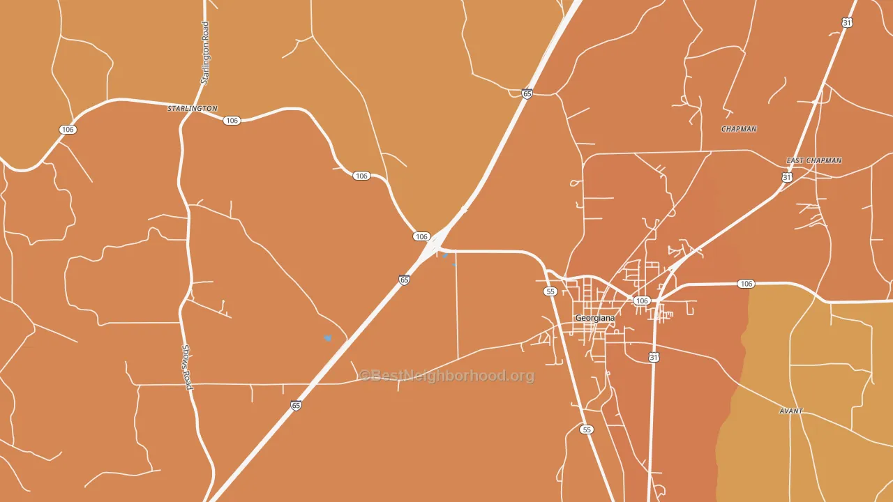 Map of the best neighborhoods in the Chapman area, with better matches in green and worse matches in red