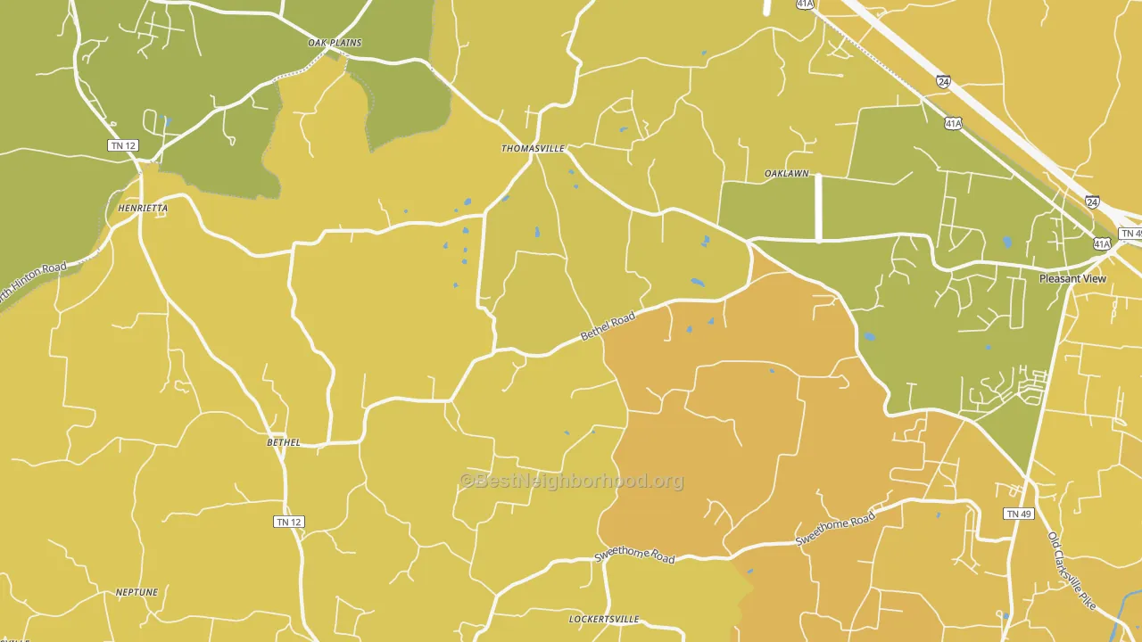 Map of the best neighborhoods in the Chapmansboro area, with better matches in green and worse matches in red
