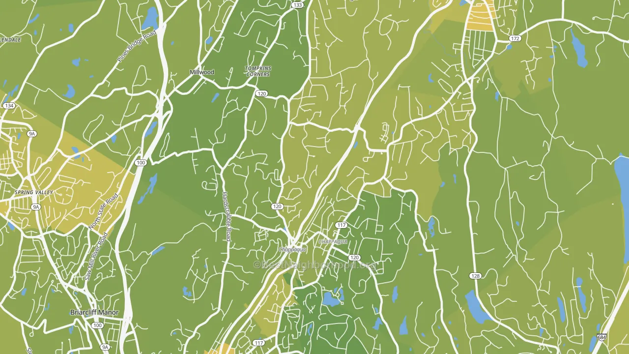 Map of the best neighborhoods in the Chappaqua area, with better matches in green and worse matches in red