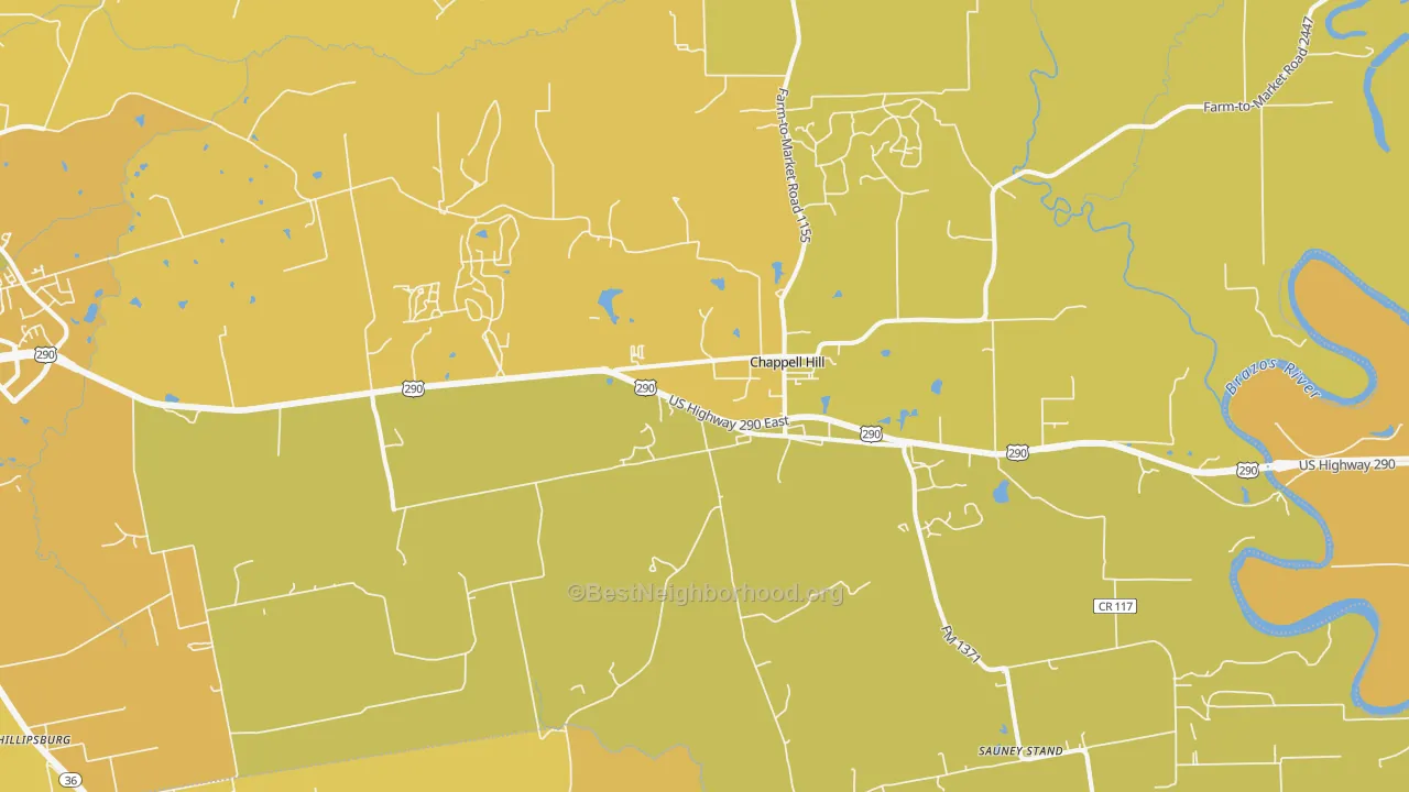 Map of the best neighborhoods in the Chappell Hill area, with better matches in green and worse matches in red