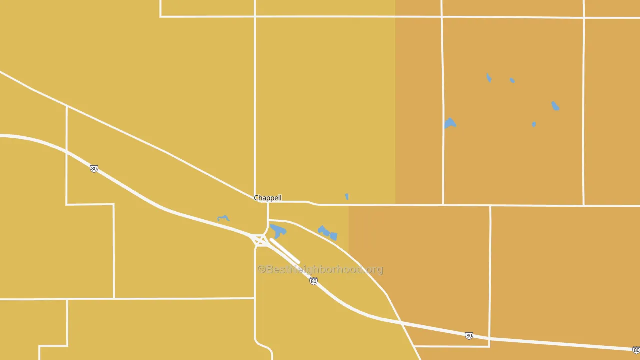 Map of the best neighborhoods in the Chappell area, with better matches in green and worse matches in red