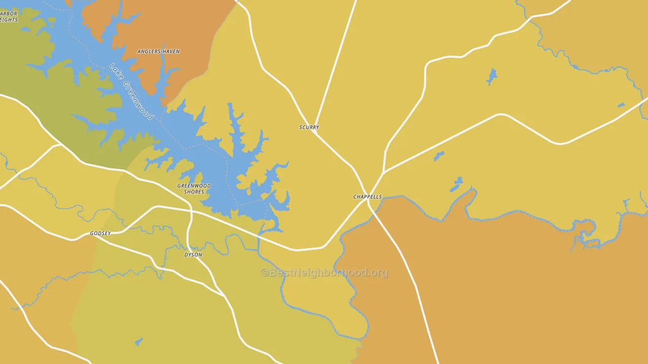 Map of the best neighborhoods in the Chappells area, with better matches in green and worse matches in red