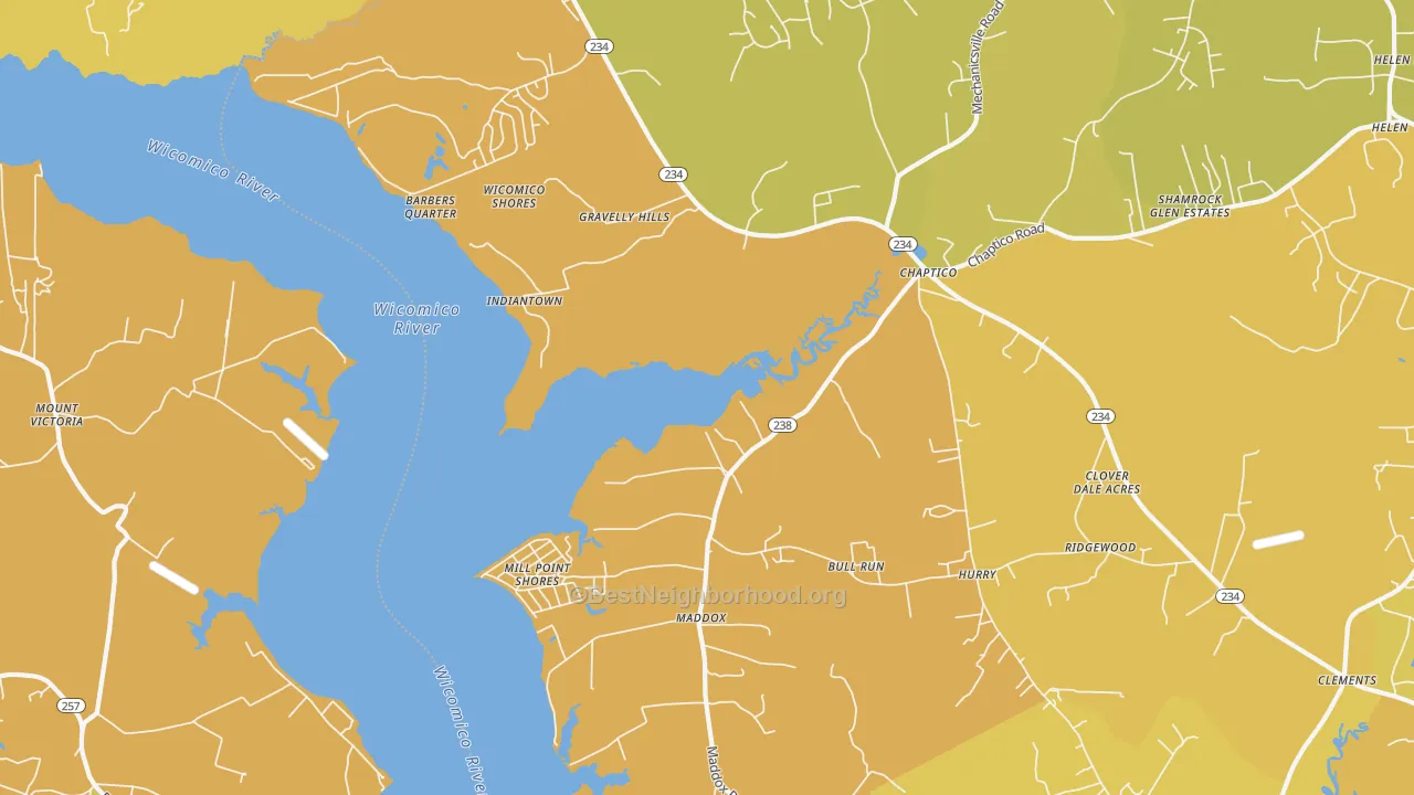 Map of the best neighborhoods in the Chaptico area, with better matches in green and worse matches in red