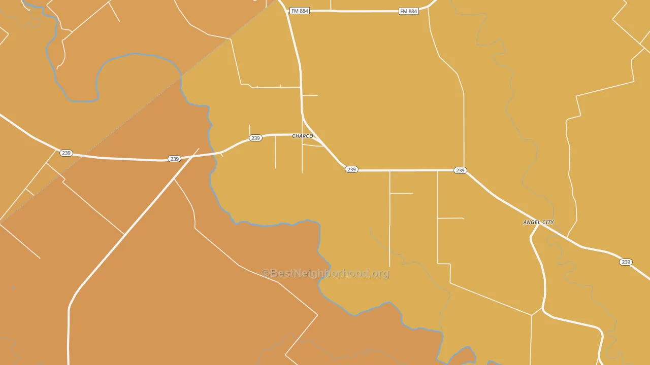 Map of the best neighborhoods in the Charco area, with better matches in green and worse matches in red