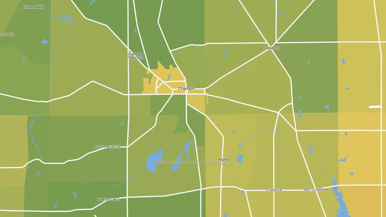 Map of the best neighborhoods in the Chardon area, with better matches in green and worse matches in red