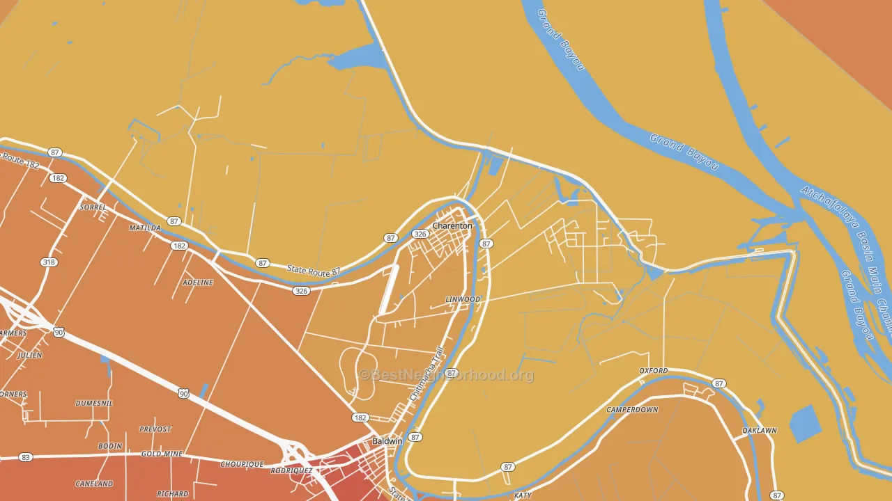 Map of the best neighborhoods in the Charenton area, with better matches in green and worse matches in red