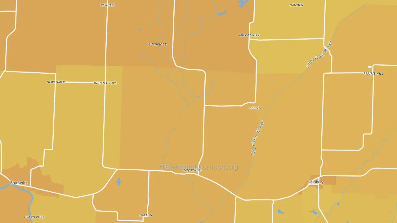 Map of the best neighborhoods in the Chariton County area, with better matches in green and worse matches in red