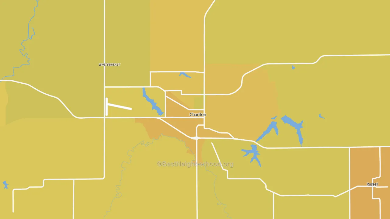 Map of the best neighborhoods in the Chariton area, with better matches in green and worse matches in red
