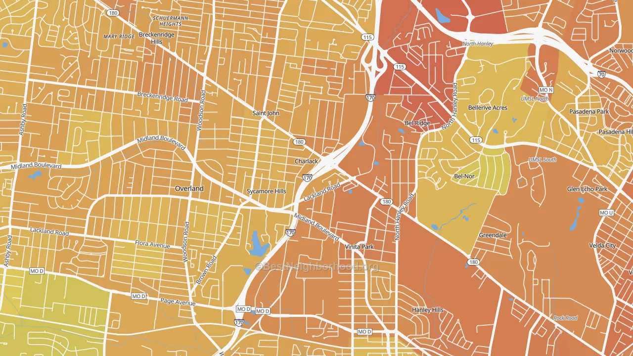 Map of the best neighborhoods in the Charlack area, with better matches in green and worse matches in red