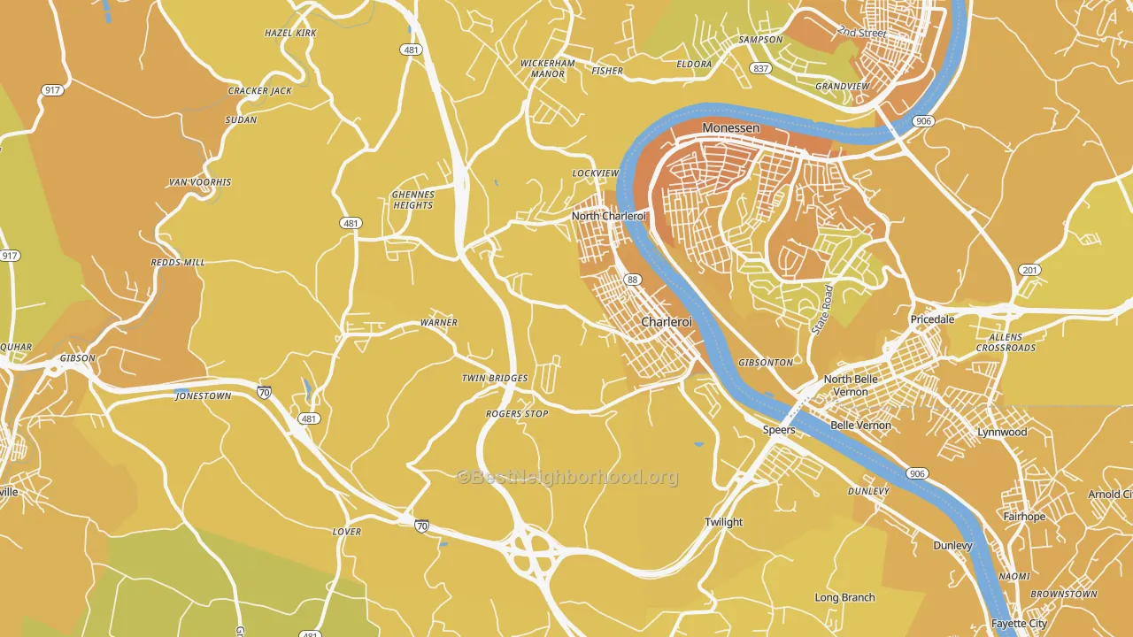 Map of the best neighborhoods in the Charleroi area, with better matches in green and worse matches in red