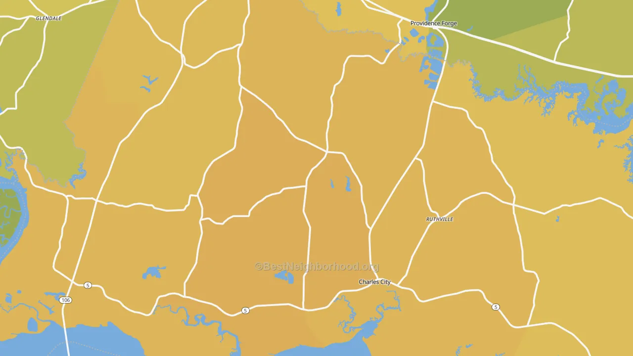 Map of the best neighborhoods in the Charles City County area, with better matches in green and worse matches in red