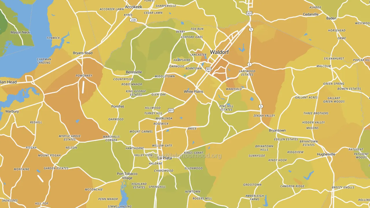 Map of the best neighborhoods in the Charles County area, with better matches in green and worse matches in red