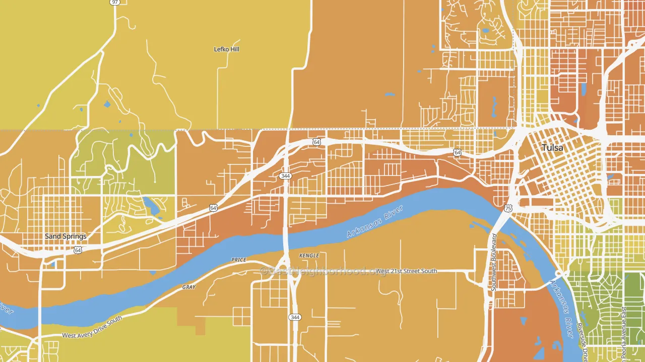 Map of the best neighborhoods in the Charles Page, Tulsa area, with better matches in green and worse matches in red