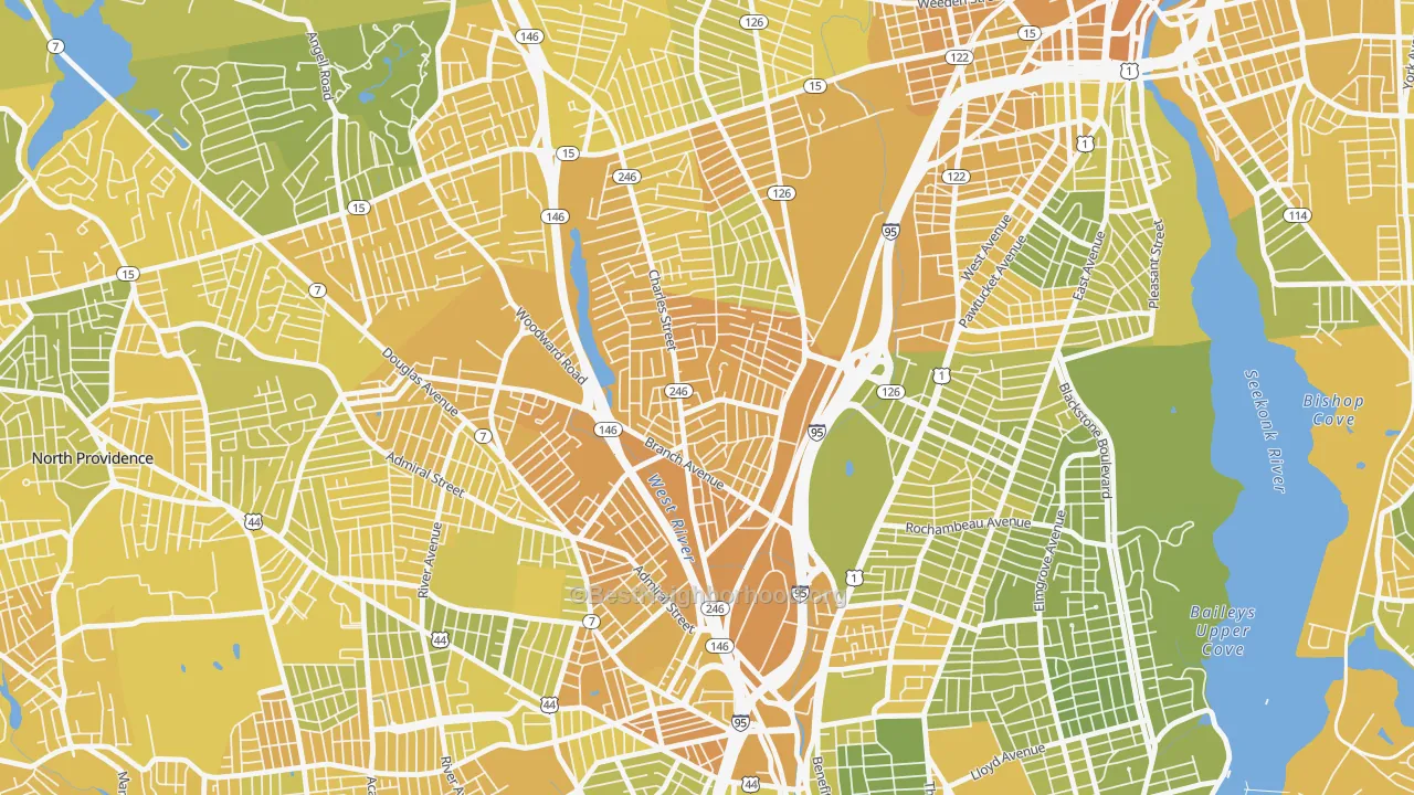 Map of the best neighborhoods in the Charles, Providence area, with better matches in green and worse matches in red