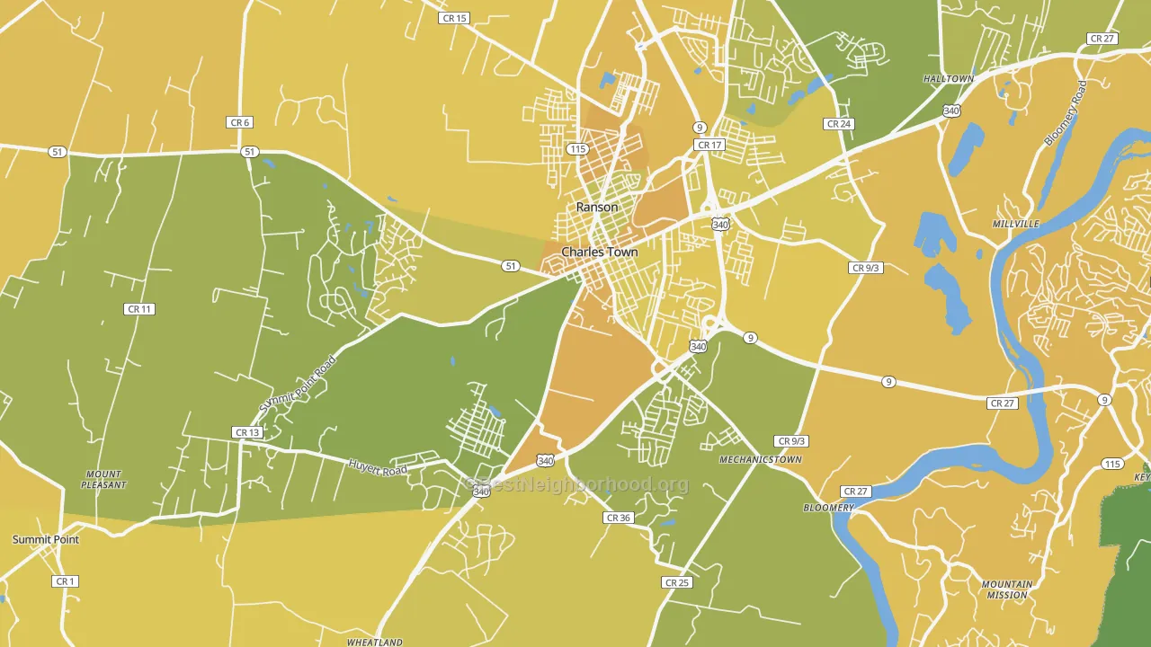 Map of the best neighborhoods in the Charles Town area, with better matches in green and worse matches in red