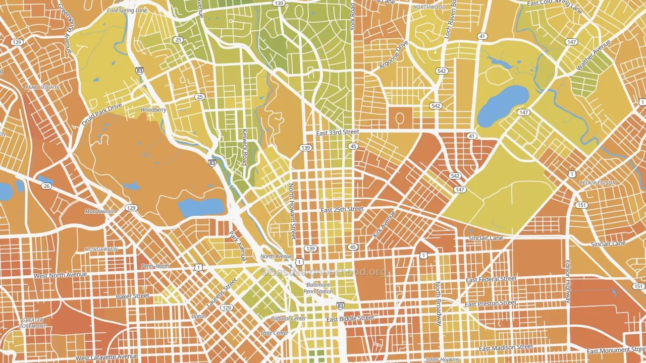 Map of the best neighborhoods in the Charles Village, Baltimore area, with better matches in green and worse matches in red