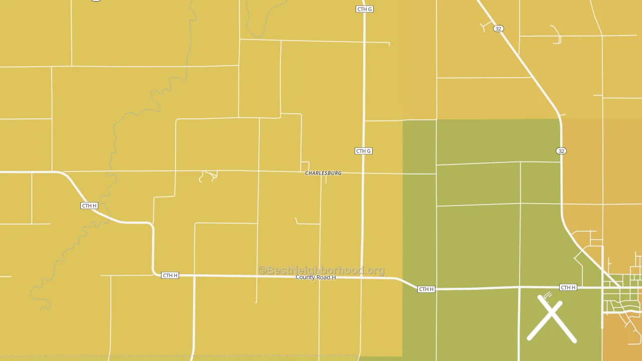Map of the best neighborhoods in the Charlesburg area, with better matches in green and worse matches in red