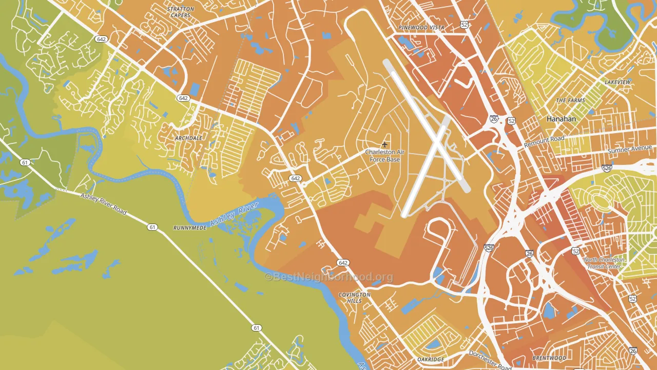 Map of the best neighborhoods in the Charleston Afb area, with better matches in green and worse matches in red