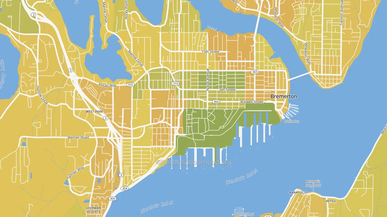 Map of the best neighborhoods in the Charleston, Bremerton area, with better matches in green and worse matches in red