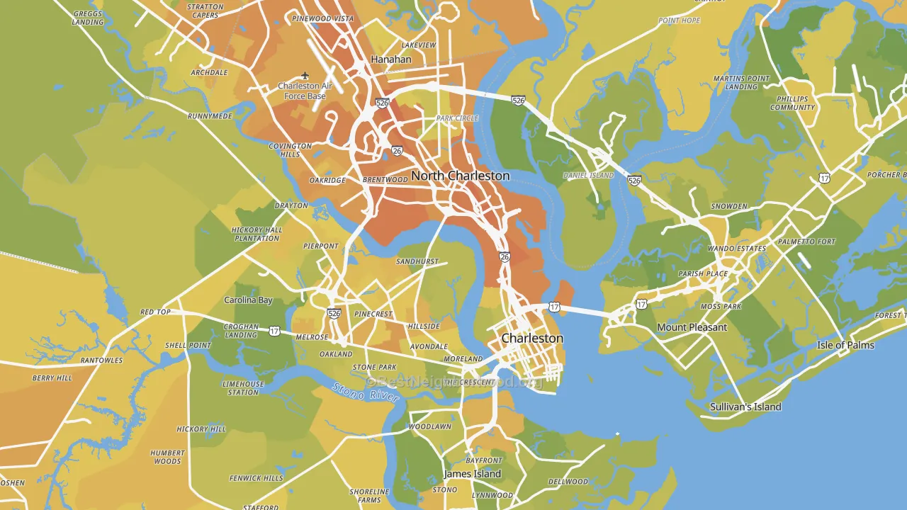 Map of the best neighborhoods in the Charleston County area, with better matches in green and worse matches in red