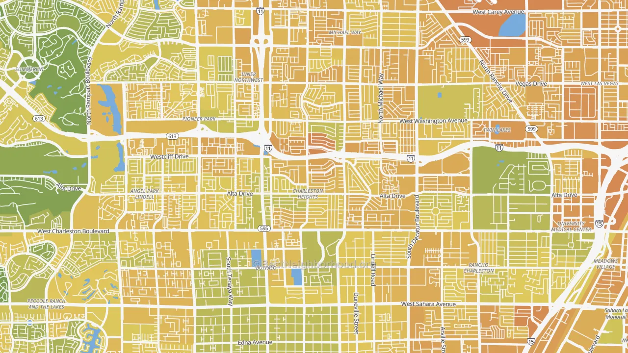 Map of the best neighborhoods in the Charleston Heights, Las Vegas area, with better matches in green and worse matches in red