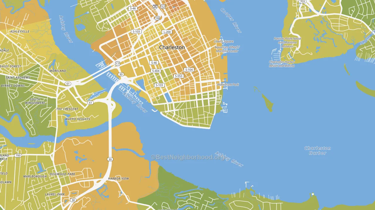 Map of the best neighborhoods in the Charleston Historic District, Charleston area, with better matches in green and worse matches in red