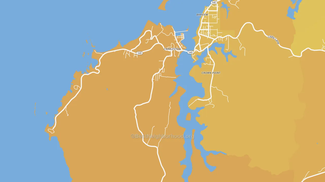 Map of the best neighborhoods in the Charleston area, with better matches in green and worse matches in red