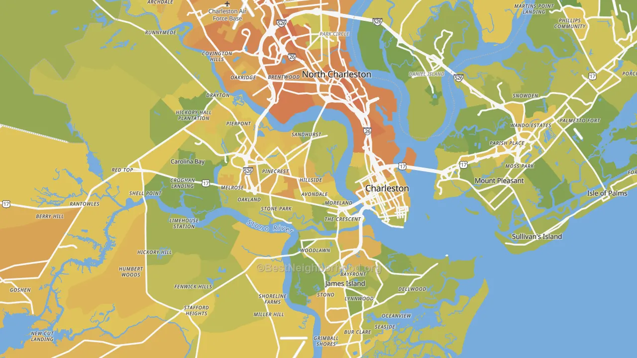 Map of the best neighborhoods in the Charleston Metro area, with better matches in green and worse matches in red
