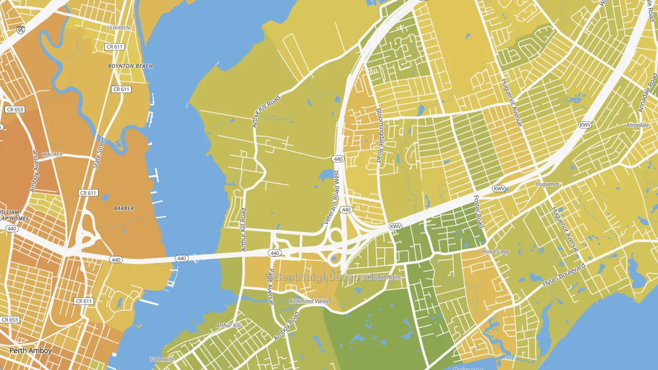 Map of the best neighborhoods in the Charleston, Staten Island area, with better matches in green and worse matches in red