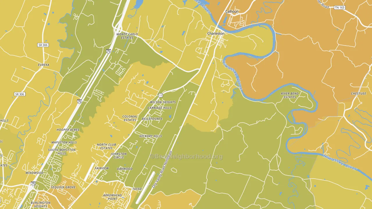 Map of the best neighborhoods in the Charleston area, with better matches in green and worse matches in red