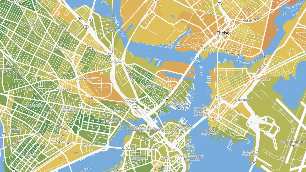 Map of the best neighborhoods in the Charlestown area, with better matches in green and worse matches in red