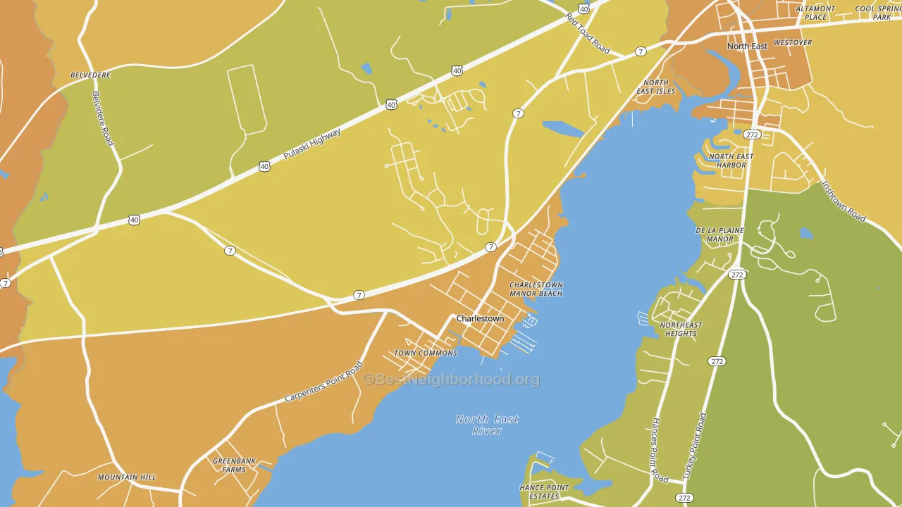 Map of the best neighborhoods in the Charlestown area, with better matches in green and worse matches in red