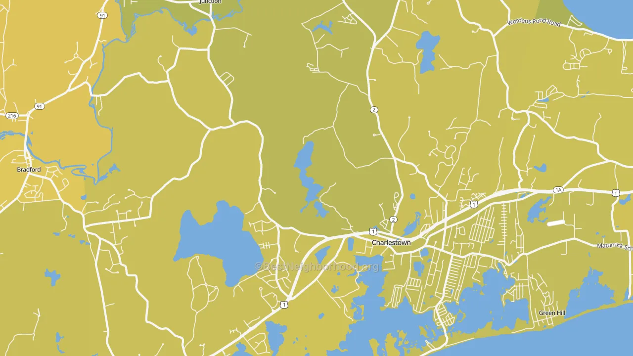 Map of the best neighborhoods in the Charlestown area, with better matches in green and worse matches in red