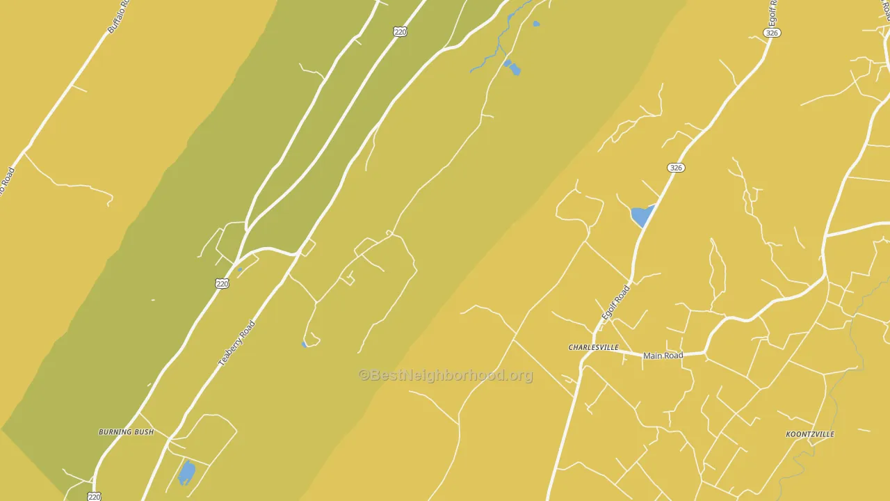 Map of the best neighborhoods in the Charlesville area, with better matches in green and worse matches in red