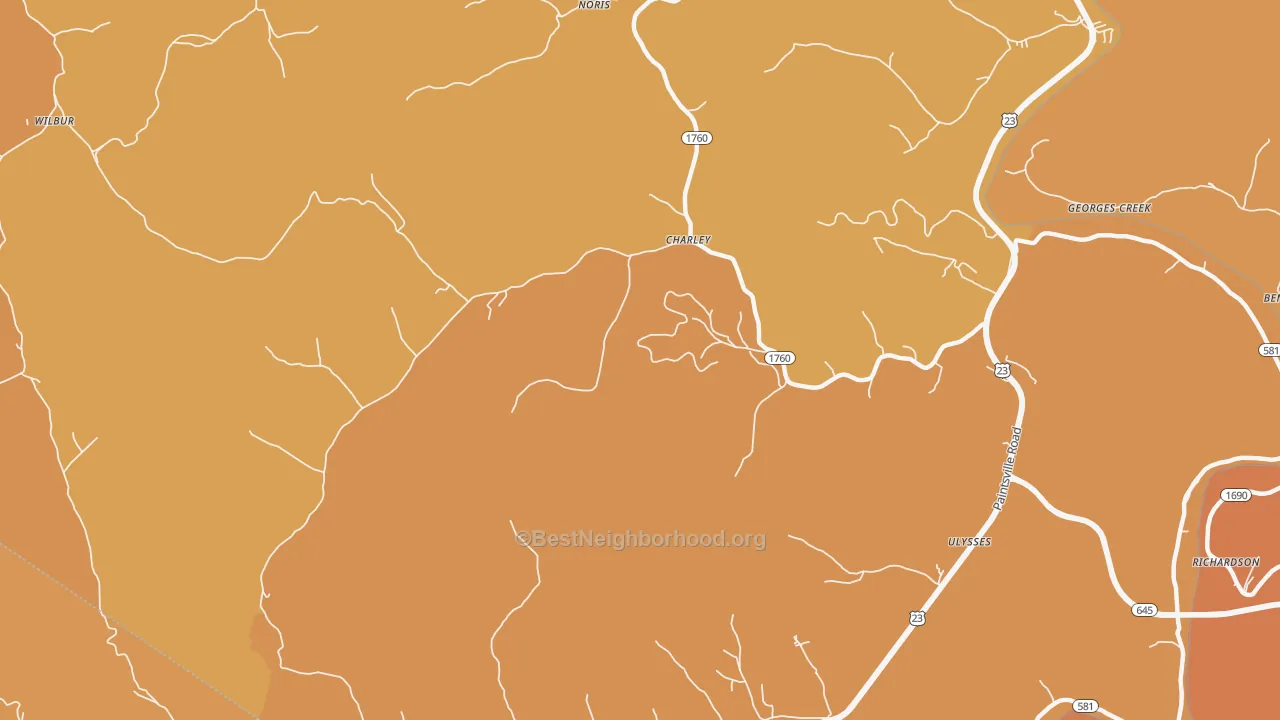 Map of the best neighborhoods in the Charley area, with better matches in green and worse matches in red