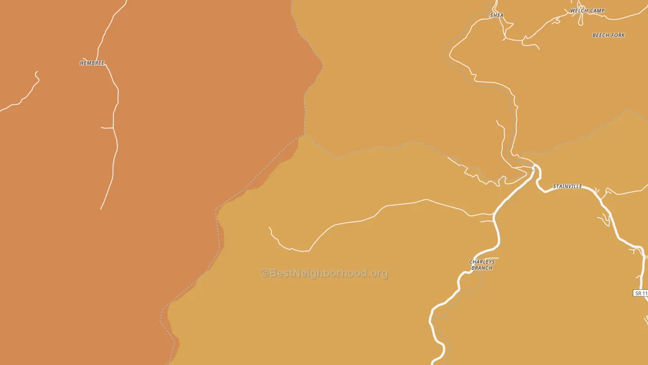 Map of the best neighborhoods in the Charleys Branch area, with better matches in green and worse matches in red