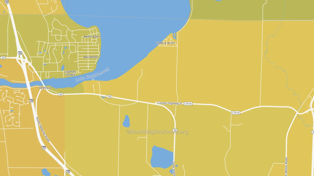 Map of the best neighborhoods in the Charlie Bluff area, with better matches in green and worse matches in red