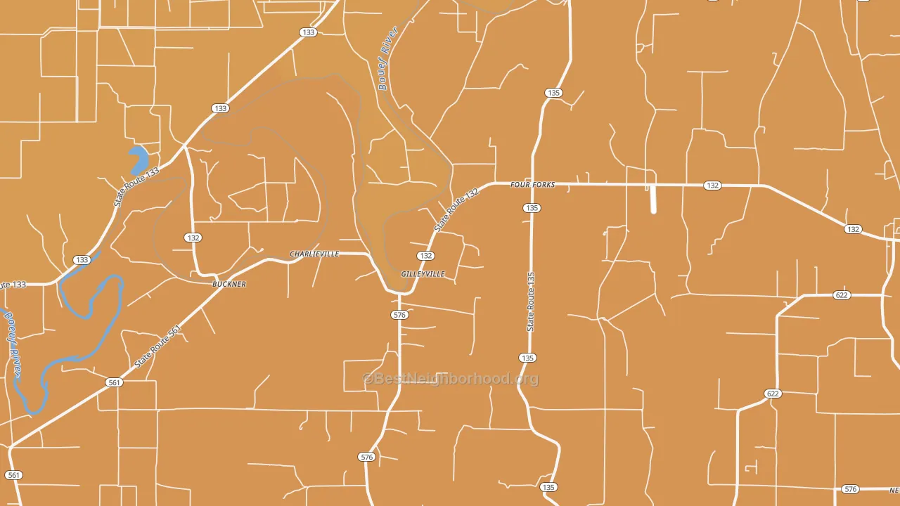 Map of the best neighborhoods in the Charlieville area, with better matches in green and worse matches in red