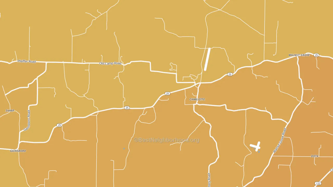 Map of the best neighborhoods in the Charlotte area, with better matches in green and worse matches in red