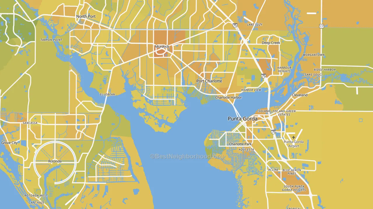 Map of the best neighborhoods in the Charlotte County area, with better matches in green and worse matches in red