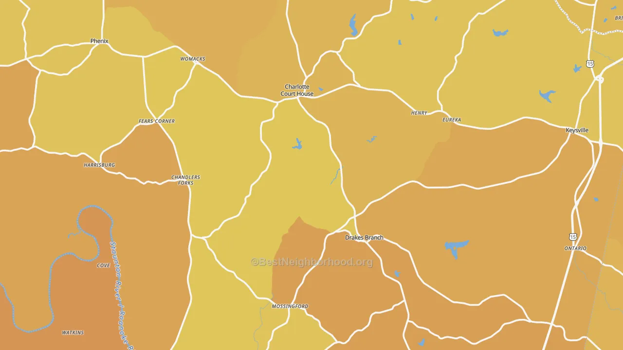 Map of the best neighborhoods in the Charlotte County area, with better matches in green and worse matches in red