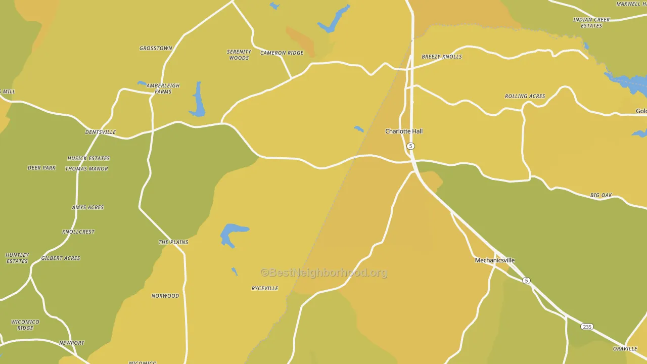 Map of the best neighborhoods in the Charlotte Hall area, with better matches in green and worse matches in red
