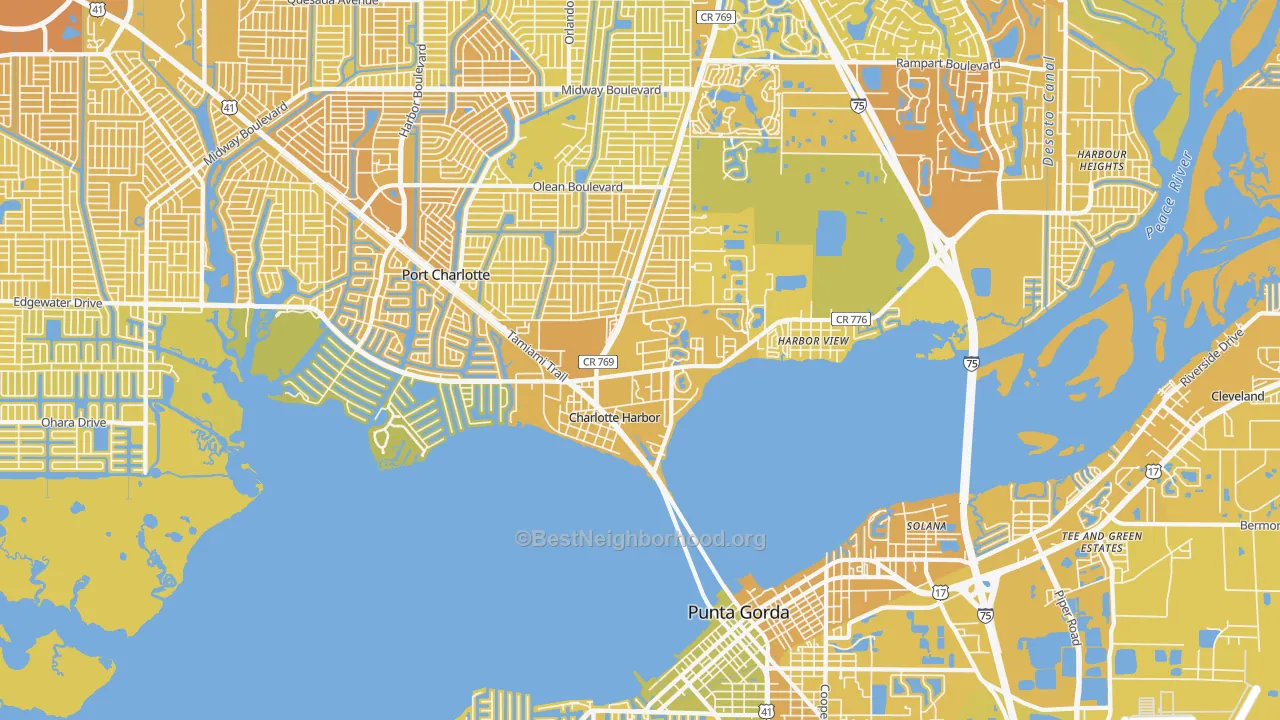 Map of the best neighborhoods in the Charlotte Harbor area, with better matches in green and worse matches in red