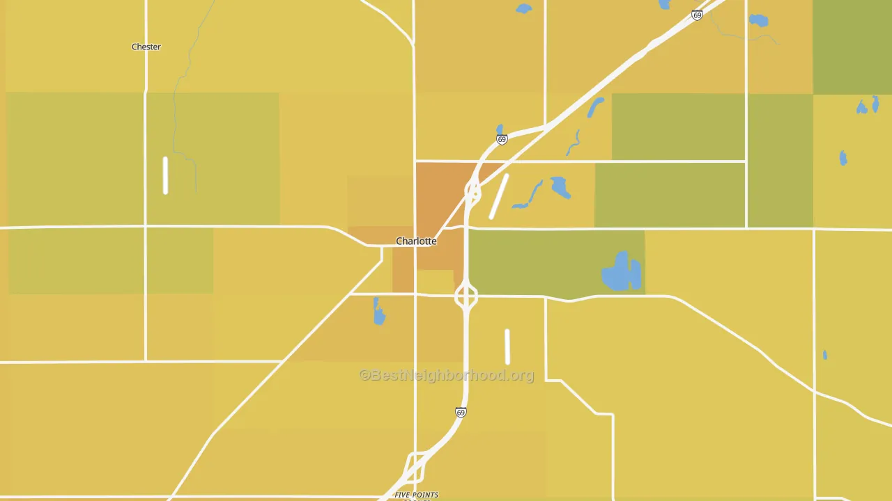 Map of the best neighborhoods in the Charlotte area, with better matches in green and worse matches in red