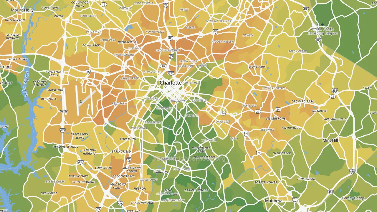 Map of the best neighborhoods in the Charlotte Metro area, with better matches in green and worse matches in red