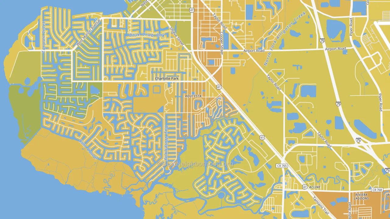 Map of the best neighborhoods in the Charlotte Park area, with better matches in green and worse matches in red
