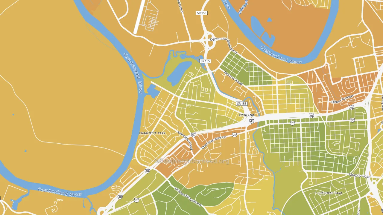 Map of the best neighborhoods in the Charlotte Park, Nashville area, with better matches in green and worse matches in red
