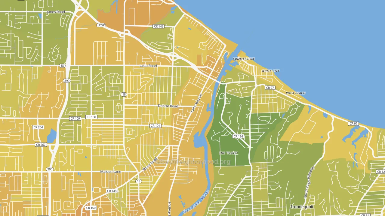 Map of the best neighborhoods in the Charlotte, Rochester area, with better matches in green and worse matches in red