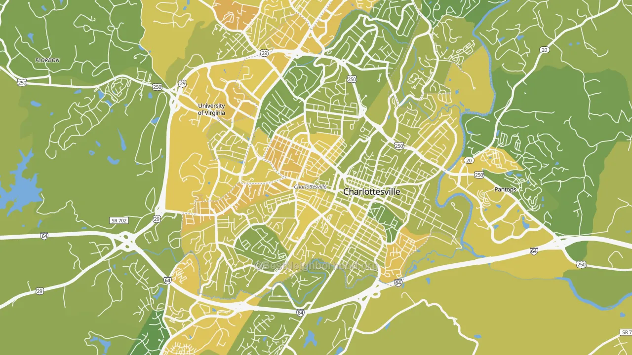Map of the best neighborhoods in the Charlottesville City area, with better matches in green and worse matches in red